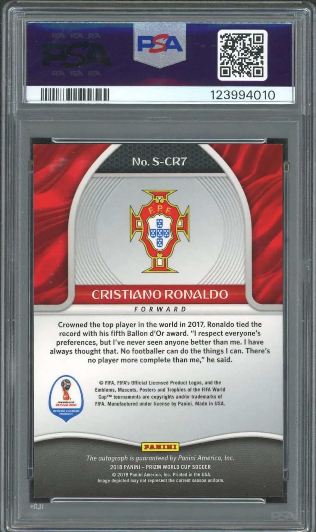 2018 Panini Prizm World Cup Cristiano Ronaldo Auto PSA 10 #S-CR7 | DA Card World 2018 Panini Prizm World Cup Cristiano Ronaldo Auto PSA 10 #S-CR7 | DA Card World