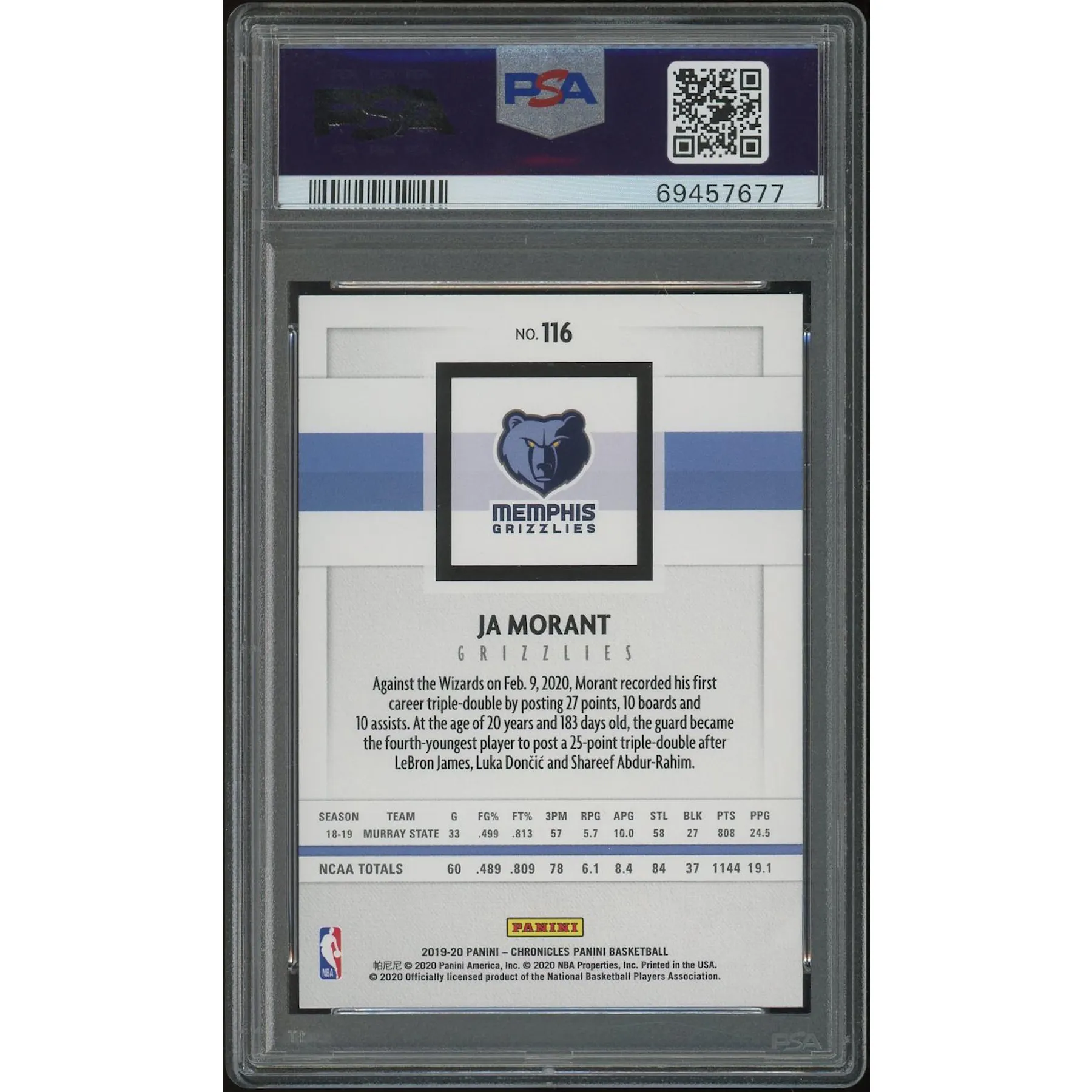 ja morant graded card Graded 2019-20 Panini Chronicles Ja Morant #116 Young Dolph Rookie RC Basketball Card PSA 10 Gem Mint