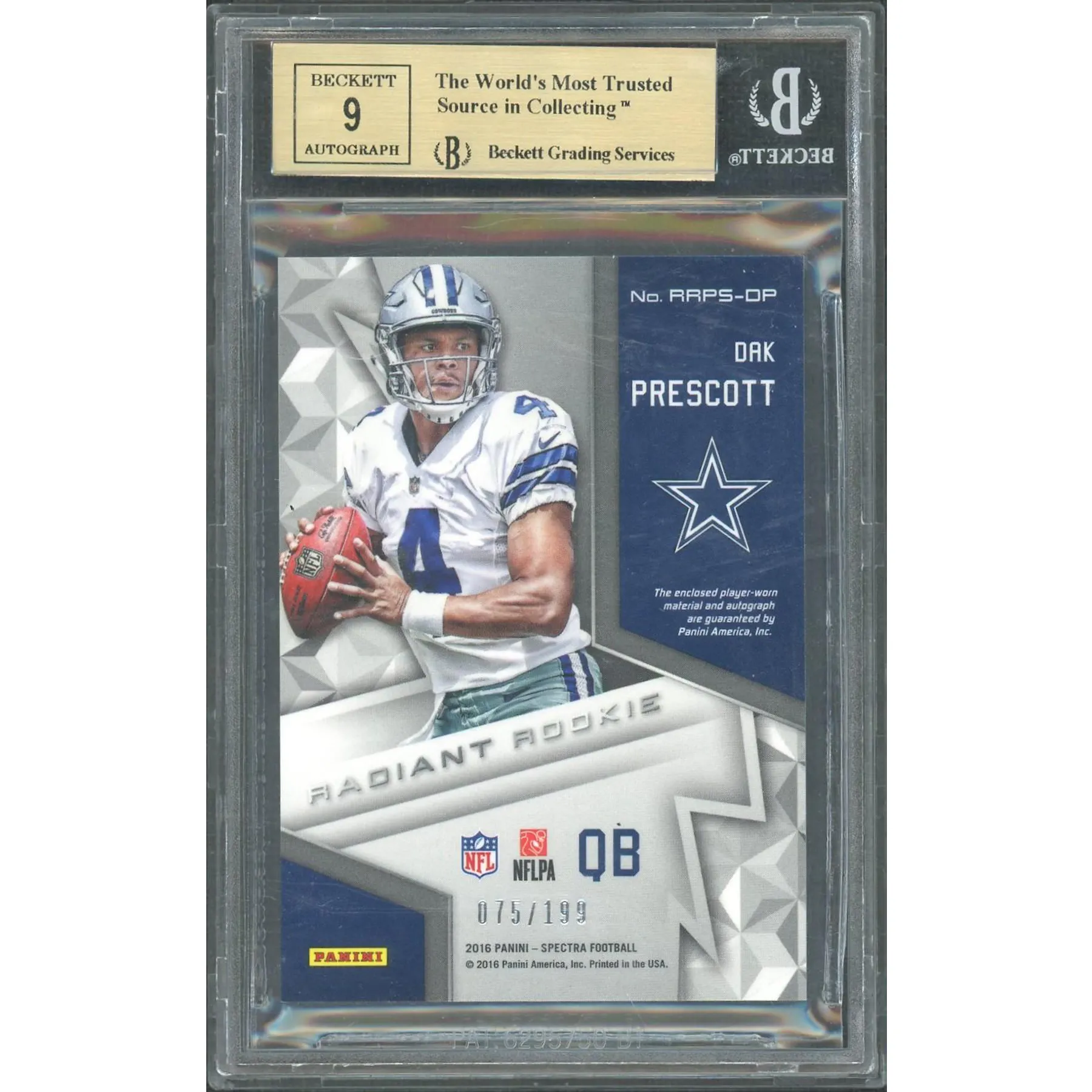 2016 Panini Spectra Dak Prescott Radiant Rookie RPA /199 BGS 9.5 | DA Card World 2016 Panini Spectra Dak Prescott Radiant Rookie RPA /199 BGS 9.5 | DA Card World