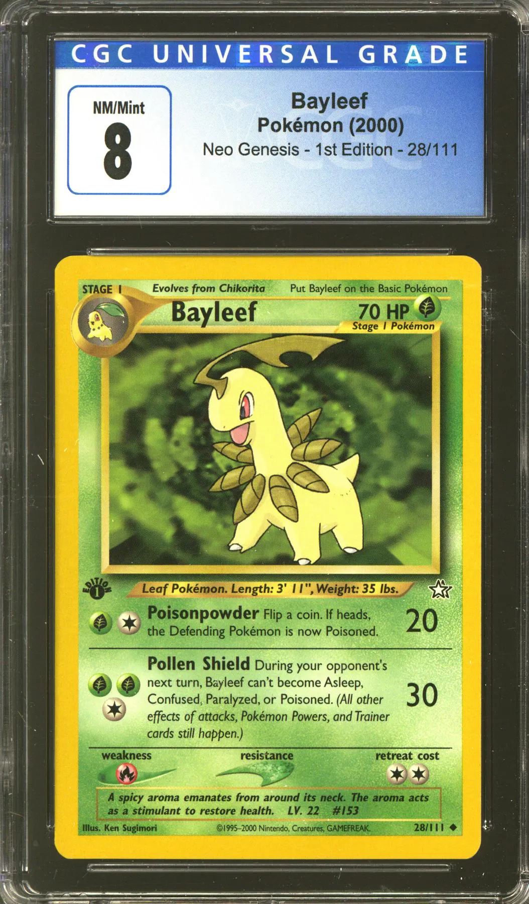 Pokemon Neo Genesis 1st Edition Bayleef 28/111 CGC 8 subs | DA Card World Pokemon Neo Genesis 1st Edition Bayleef 28/111 CGC 8 subs | DA Card World