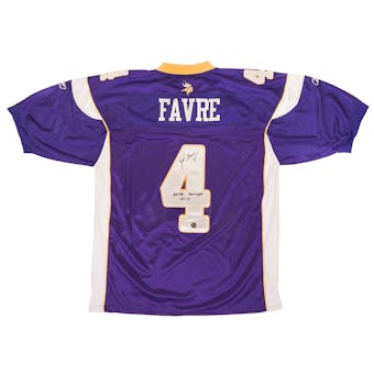 Brett Favre Autographed Minnesota Vikings Reebok On Field Jersey w/Inscrip (Favre Holo)