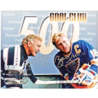 Bobby & Brett Hull Autographed 500 Goal Club 8X10 Photo (PSA COA)