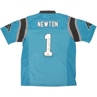 Cam Newton Autographed Carolina Panthers Blue Football Jersey w/ inscriptions (Fanatics)