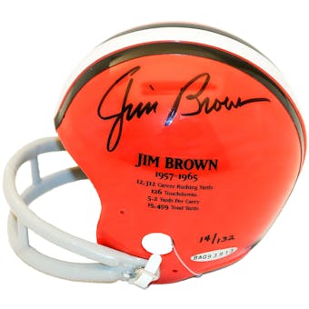 Jim Brown Autographed Cleveland Browns Throwback Stats Mini Helmet #14/132 (Upper Deck)