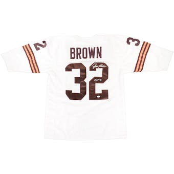 Jim Brown Autographed Cleveland Browns White Throwback Jersey w'HOF 71" Inscription (JSA)