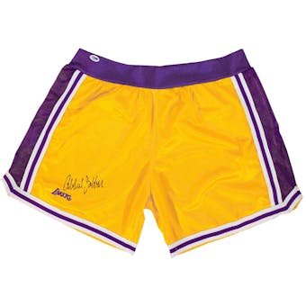 Kareem Abdul Jabbar Autographed Los Angeles Lakers Gold Basketball Shorts (PSA)