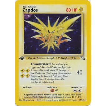 Pokemon Fossil 1st Ed. Single Zapdos 15/62 - MODERATE PLAY (MP)