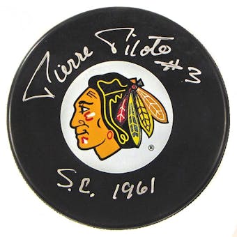 Pierre Pilote Autographed Chicago Blackhawks Hockey Puck Icebox COA