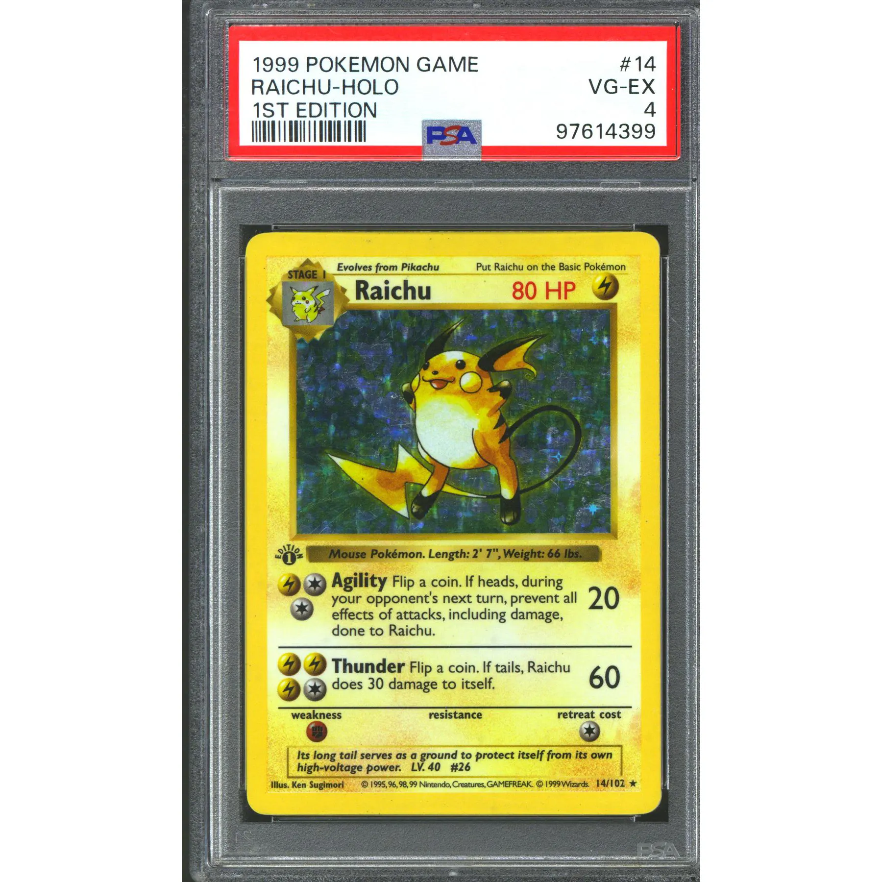Pokemon Base Set 1st Edition Shadowless Raichu 14/102 PSA 4 | DA Card World Pokemon Base Set 1st Edition Shadowless Raichu 14/102 PSA 4 | DA Card World