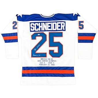 Buzz Schneider Autographed Team USA Miracle On Ice Stat Jersey w/Inscription (JSA)