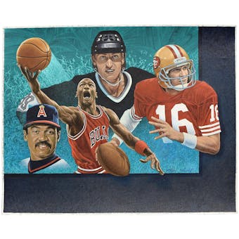 Montana-Gretzky-Jordan-Jackson - Alan Studt - Canvas Upper Deck 17 1/2 x 15 3/4 Unframed Original Art