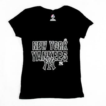 New York Yankees Majestic Black The Real Thing V-Neck Tee Shirt (Womens L)