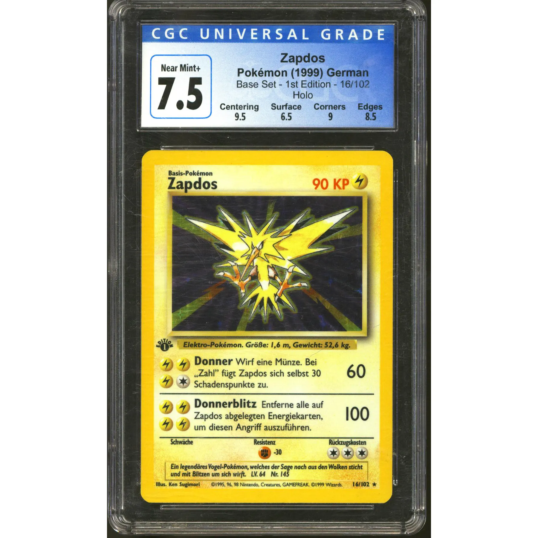 Pokemon Base Set 1st Edition GERMAN Zapdos 16/102 CGC 7.5 plus subgrades 9.5 6.5 9 8.5 | DA Card World Pokemon Base Set 1st Edition GERMAN Zapdos 16/102 CGC 7.5 plus subgrades 9.5 6.5 9 8.5 | DA Card World
