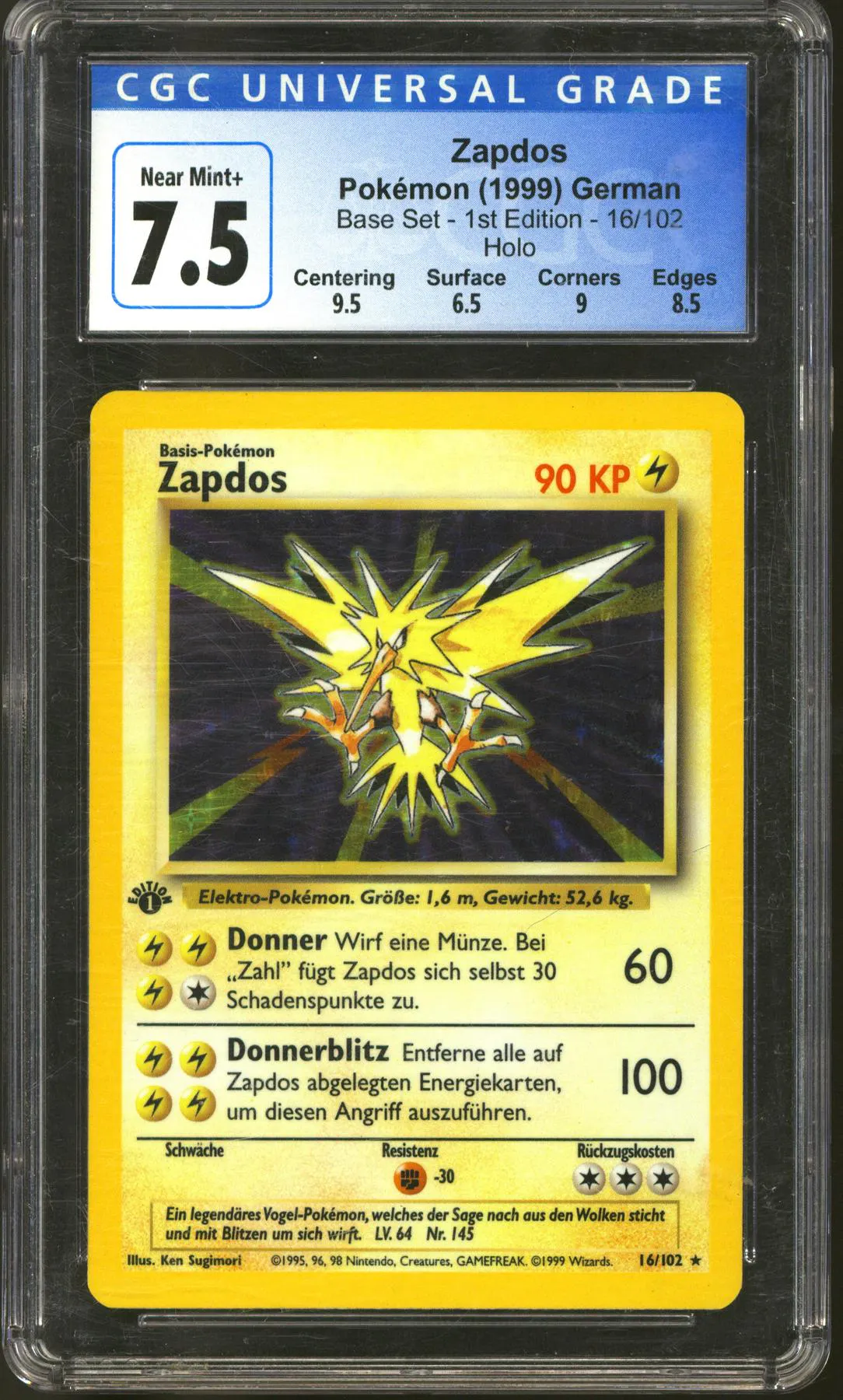 Pokemon Base Set 1st Edition GERMAN Zapdos 16/102 CGC 7.5 plus subgrades 9.5 6.5 9 8.5 Pokemon Base Set 1st Edition GERMAN Zapdos 16/102 CGC 7.5 plus subgrades 9.5 6.5 9 8.5